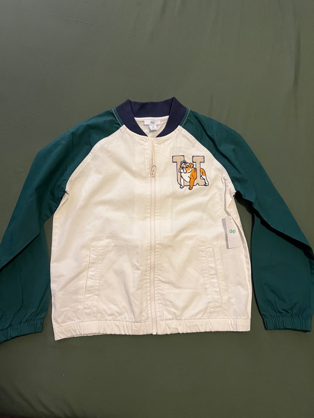 Kids White and Green Bomber Jacket with Bulldog Patch Size M 8